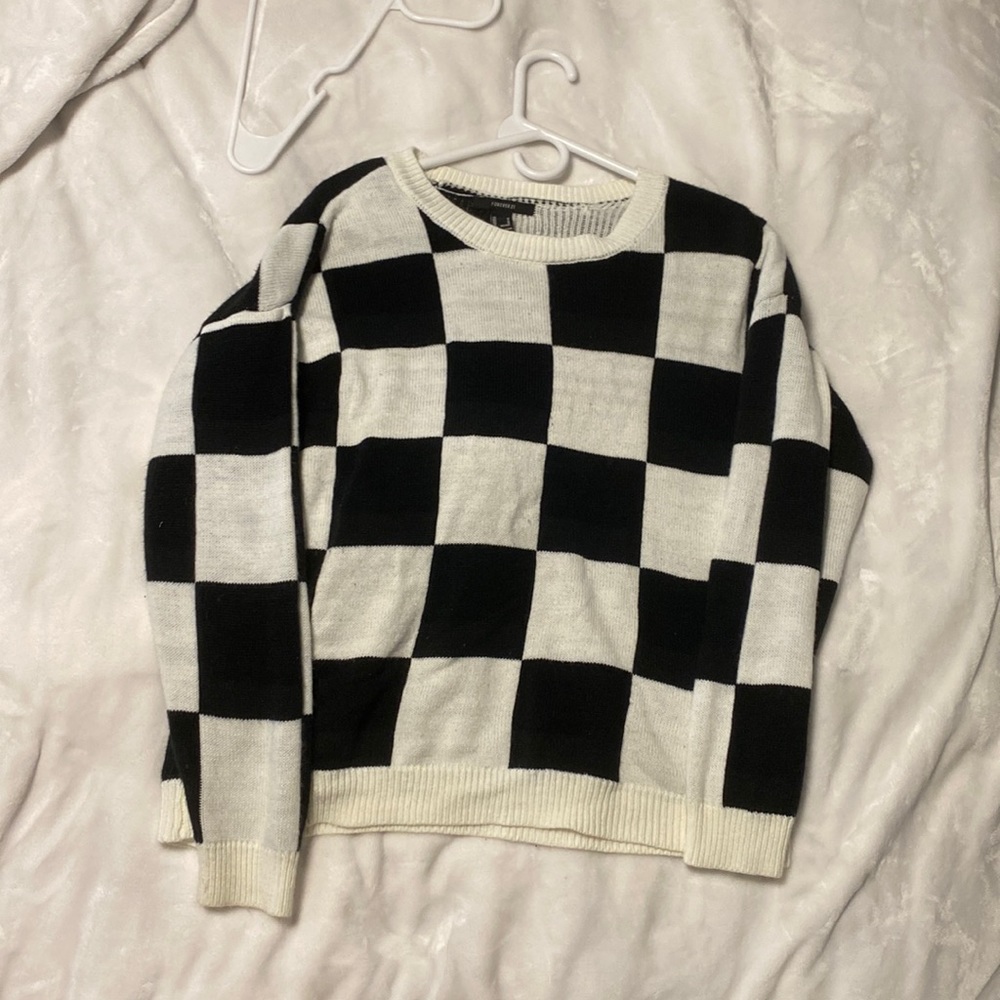 Black and white checker crew neck